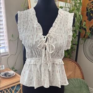 American Flirt White & Pink Floral Peplum Hem Tie Front Top